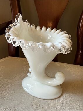 Fenton Silver Crest lace Cornucopia milk glass candle holder, vase